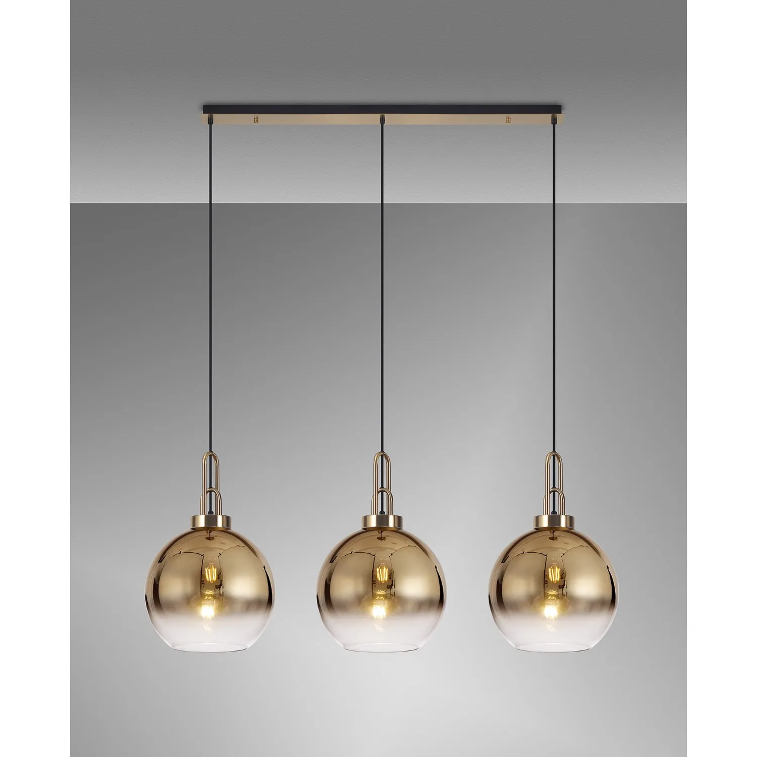 Epsom Linear 3 Light Pendant E27 With 30cm Globe Glass, Brass Gold Clear Brass Gold Matt Black