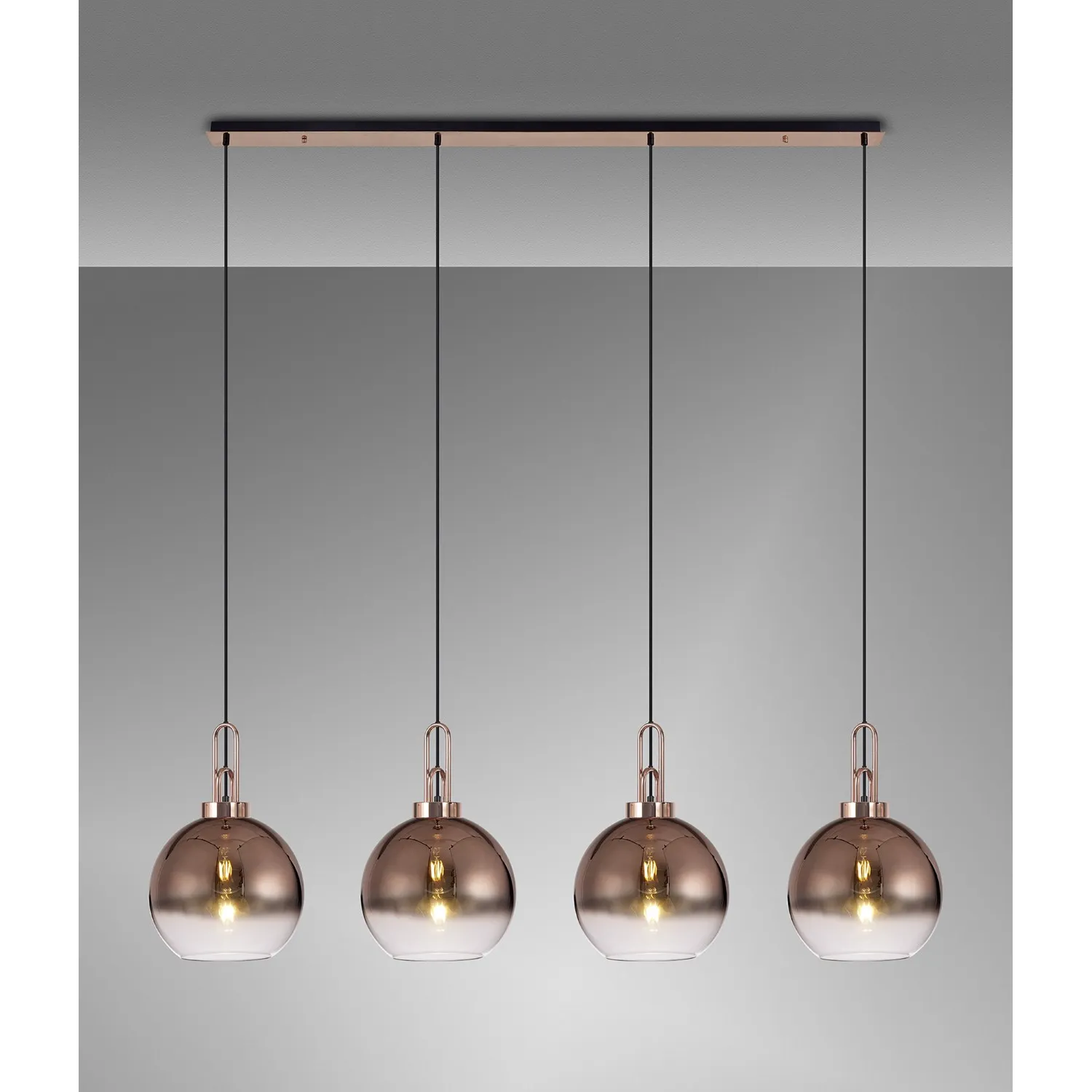 Epsom Linear 4 Light Pendant E27 With 30cm Globe Glass, Copper Clear Copper Matt Black