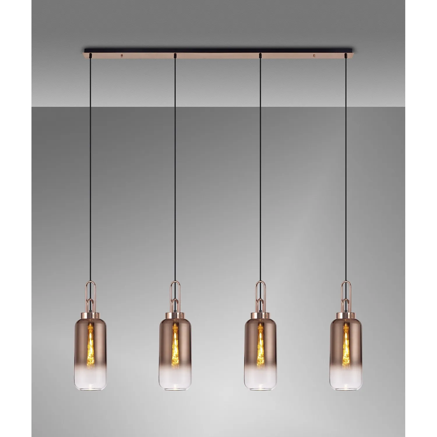 Epsom Linear 4 Light Pendant E27 With 16cm Cylinder Glass, Copper Clear Copper Matt Black