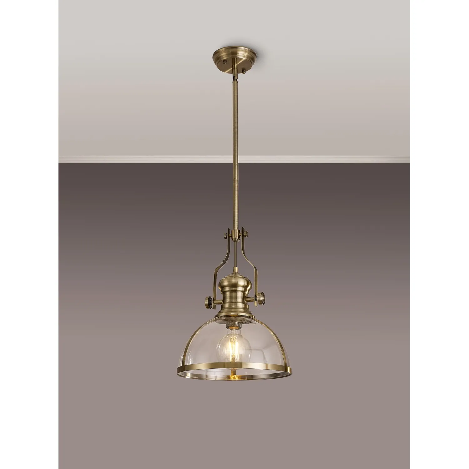 Sandy Pendant, 1 x E27, Antique Brass With Round 30cm Antique Brass Clear Glass Shade