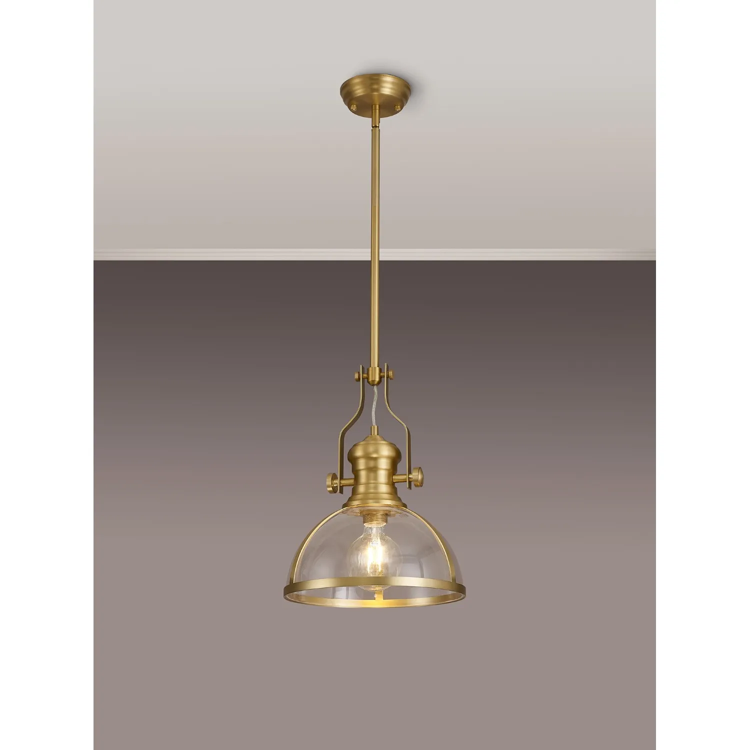 Sandy Pendant, 1 x E27, Satin Gold With Round 30cm Satin Gold Clear Glass Shade