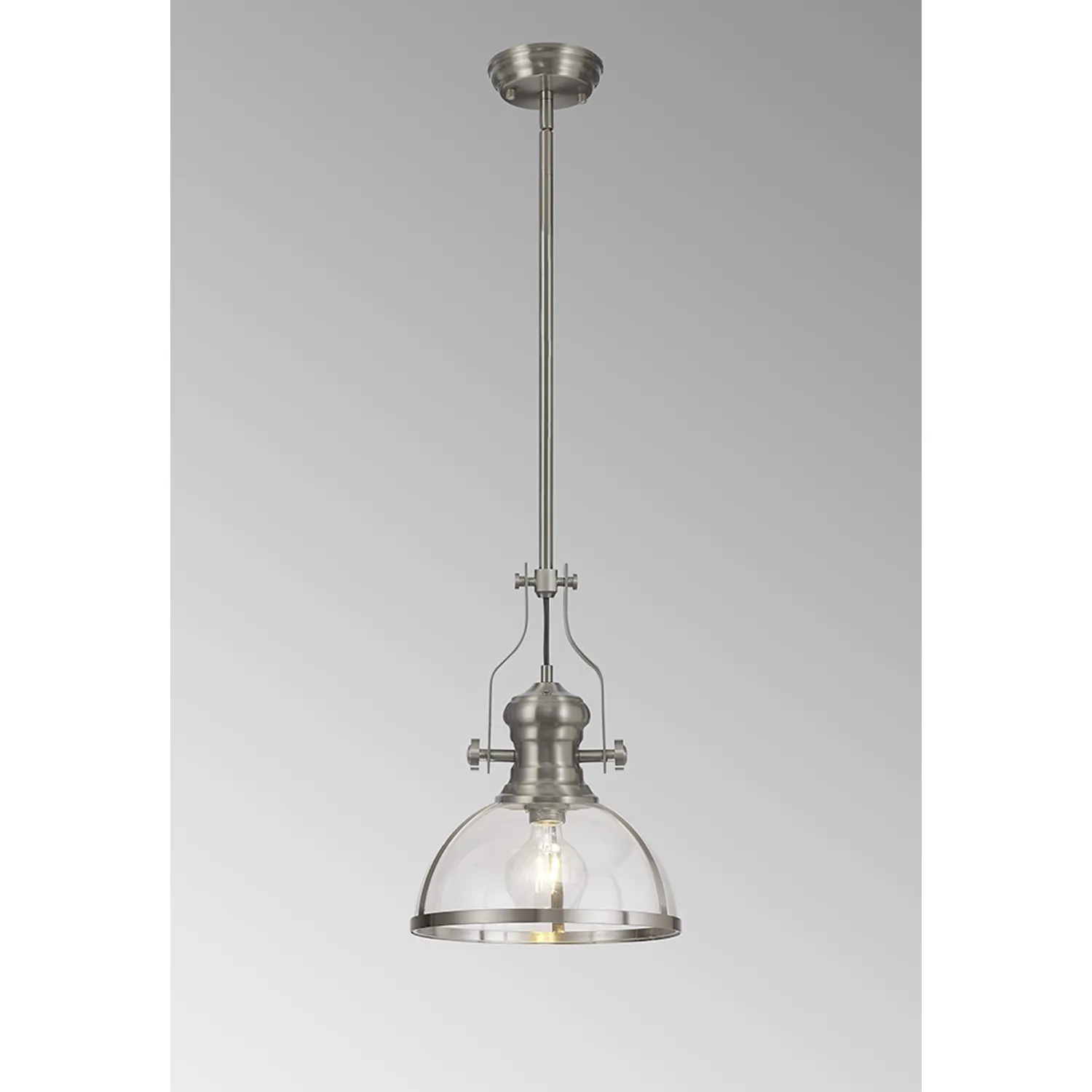 Sandy Pendant, 1 x E27, Satin Nickel With Round 30cm Satin Nickel Clear Glass Shade