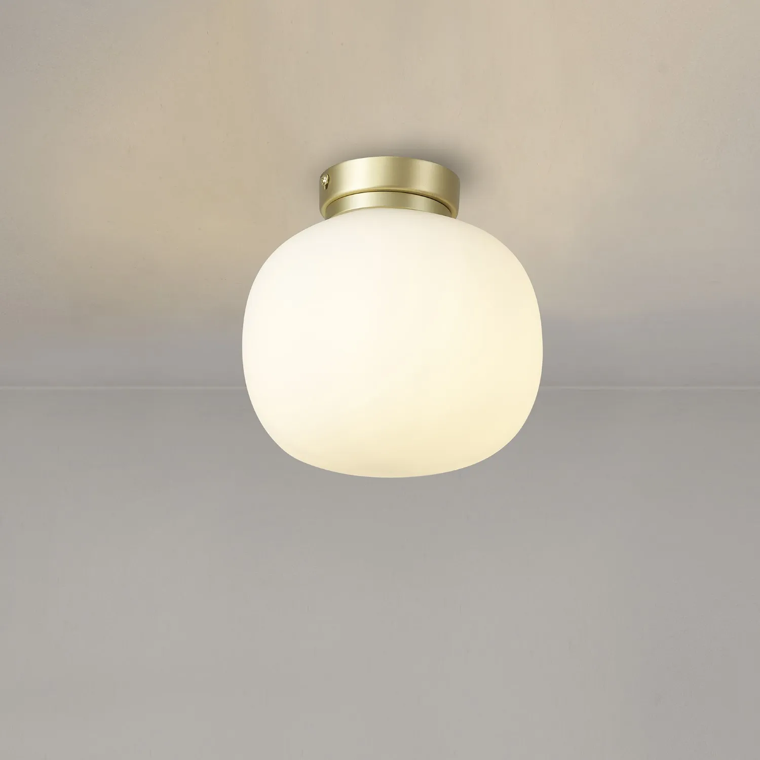 Sevenoaks Small Oval Ball Flush Fitting 1 Light E27 Satin Gold Base With Frosted White Glass Globe