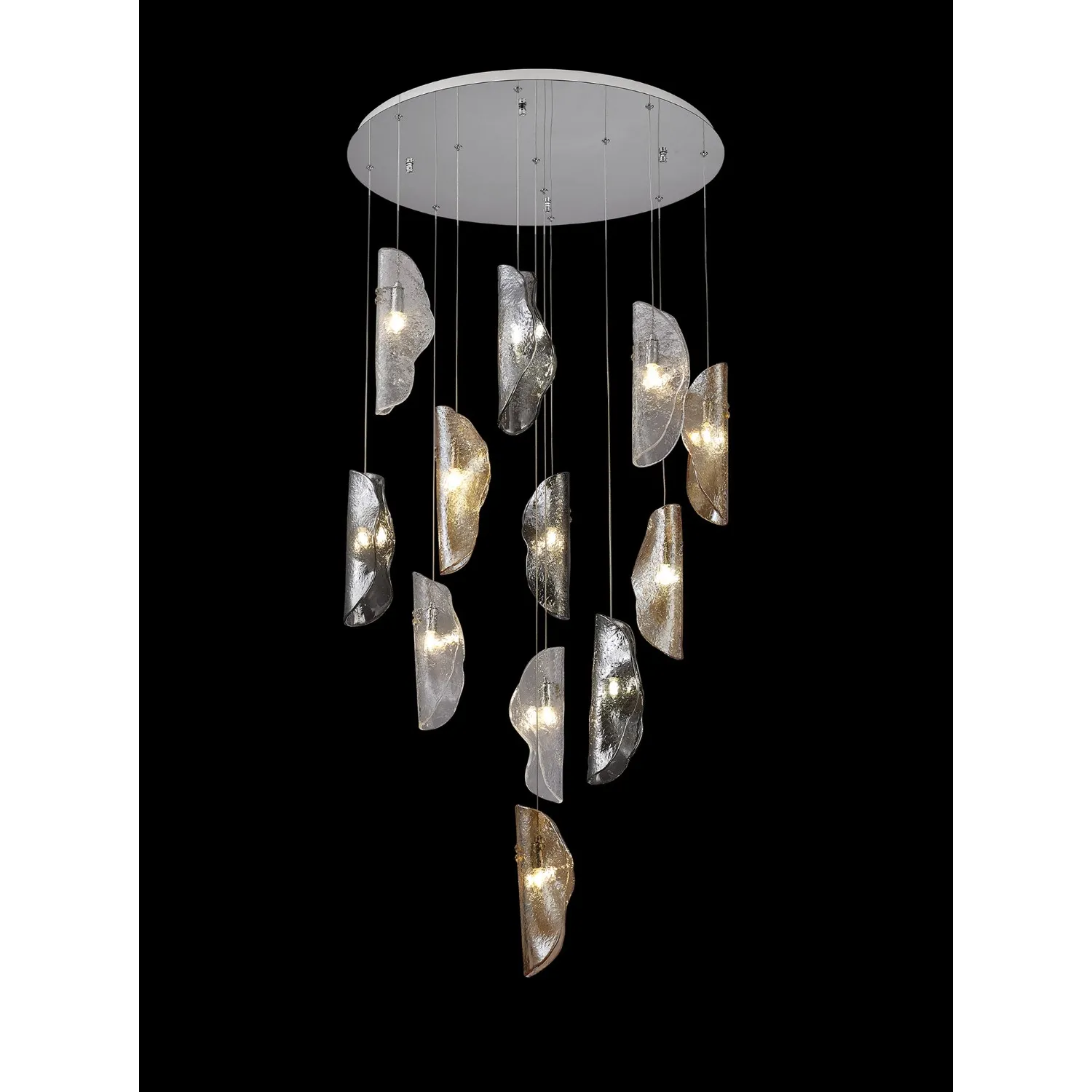 Loughton Pendant 3m, 12 x G9, Polished Chrome Clear And Amber And Smoked Glass