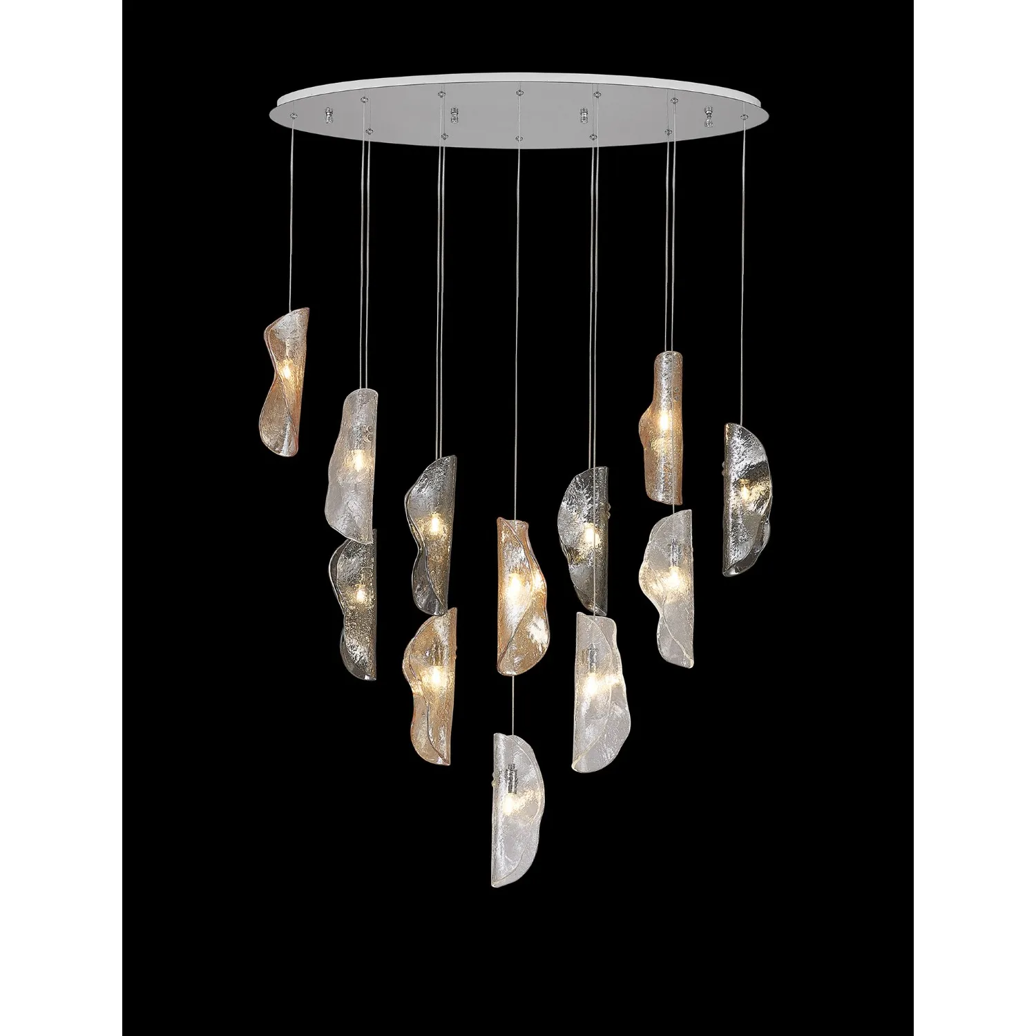 Loughton Oval Pendant 2m, 12 x G9, Polished Chrome Clear And Amber And Smoked Glass