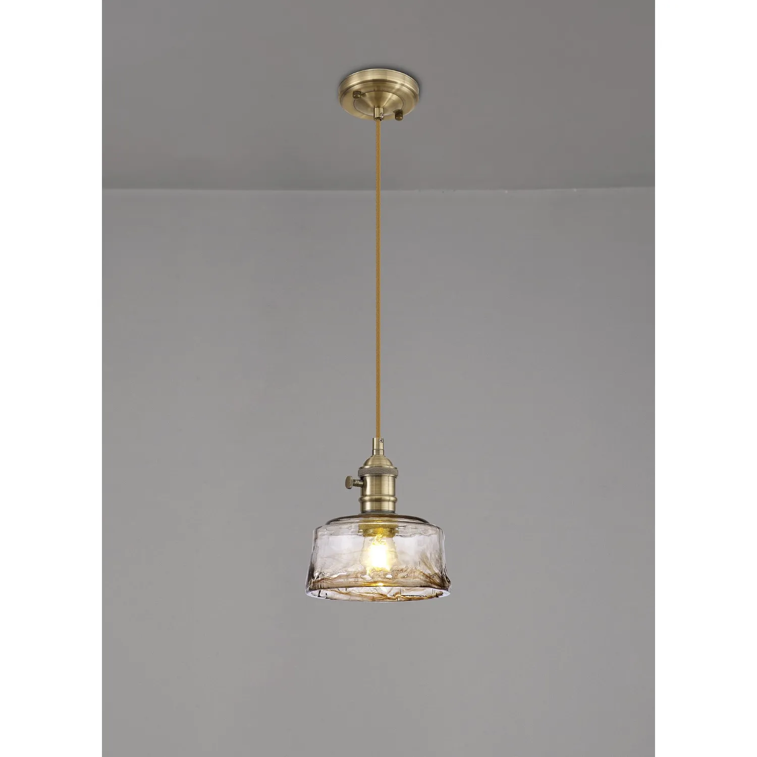Hatfield Switched Pendant 1.5m, 1 x E27, Antique Brass Golden Brown Braided Cable Brown Bowl Glass