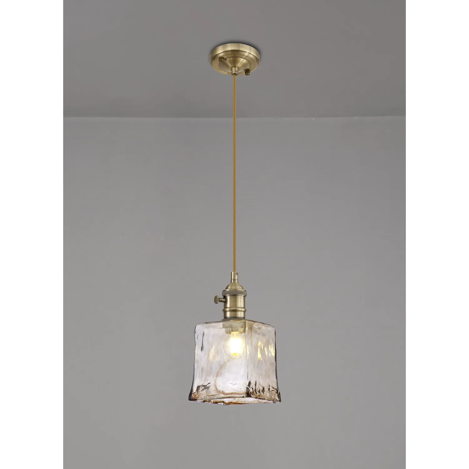 Hatfield Switched Pendant 1.5m, 1 x E27, Antique Brass Golden Brown Braided Cable Brown Square Glass