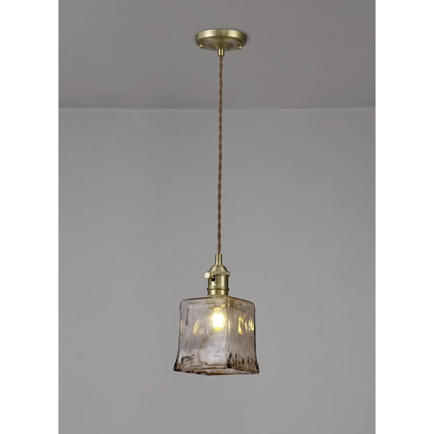 Hatfield Switched Pendant 1.5m, 1 x E27, Brass Pale Gold Twisted Cable Brown Square Glass