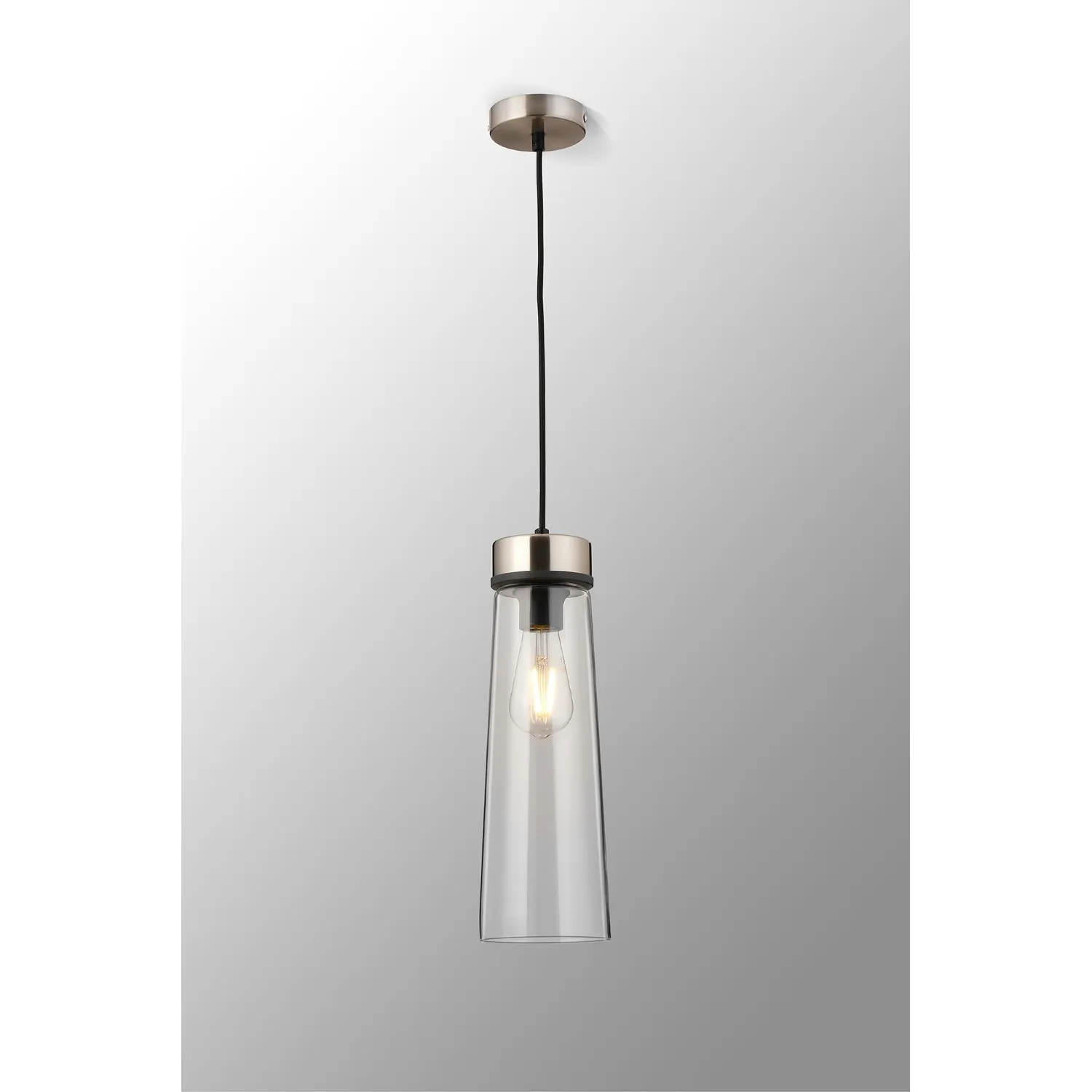 Bordon 1 Light Pendant E27, With Large Clear Cylindrical Cone Glass Satin Nickel Clear Black Fabric
