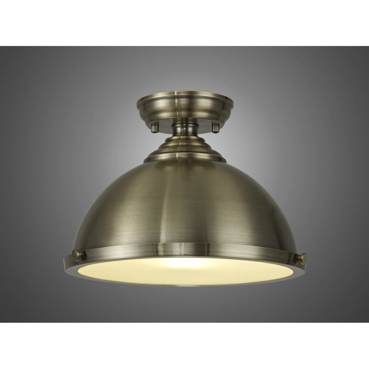 Billericay 1 Light Flush Ceiling E27 With Round 31cm Metal Shade Antique Brass Frosted White