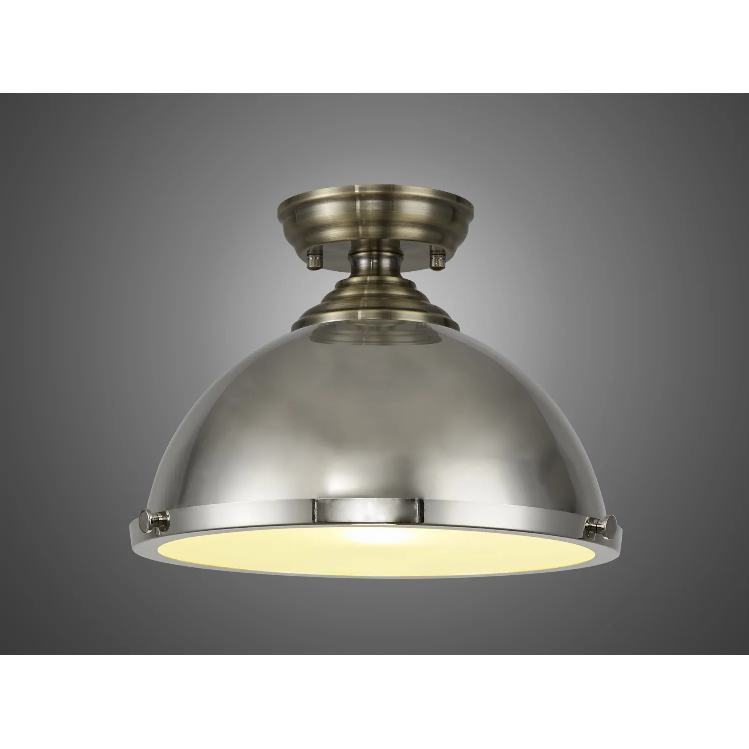 Billericay 1 Light Flush Ceiling E27 With Round 31cm Metal Shade Antique Brass Polished Nickel Frosted White