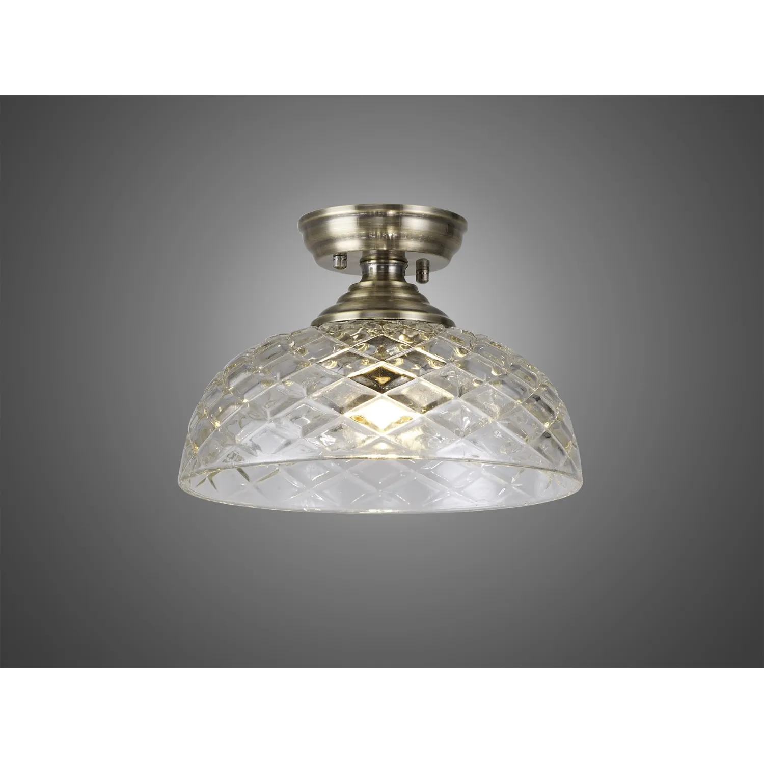 Billericay 1 Light Flush Ceiling E27 With Flat Round 30cm Patterned Glass Shade Antique Brass Clear