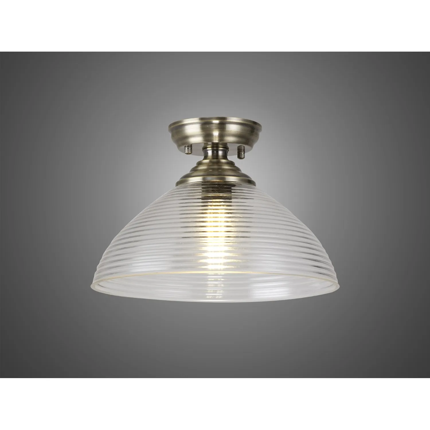 Billericay 1 Light Flush Ceiling E27 With Round 33.5cm Prismatic Effect Glass Shade Antique Brass Clear