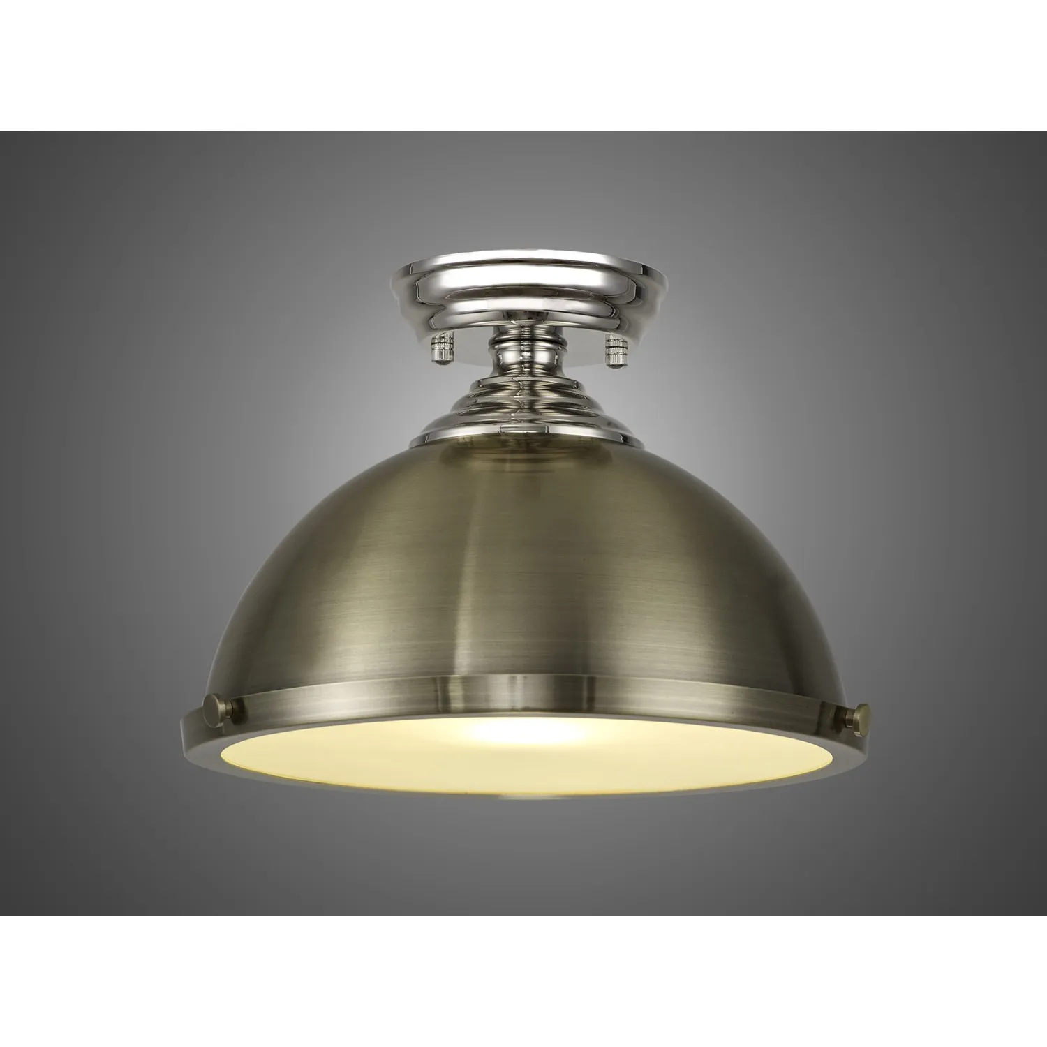 Billericay 1 Light Flush Ceiling E27 With Round 31cm Metal Shade Polished Nickel Antique Brass Frosted White