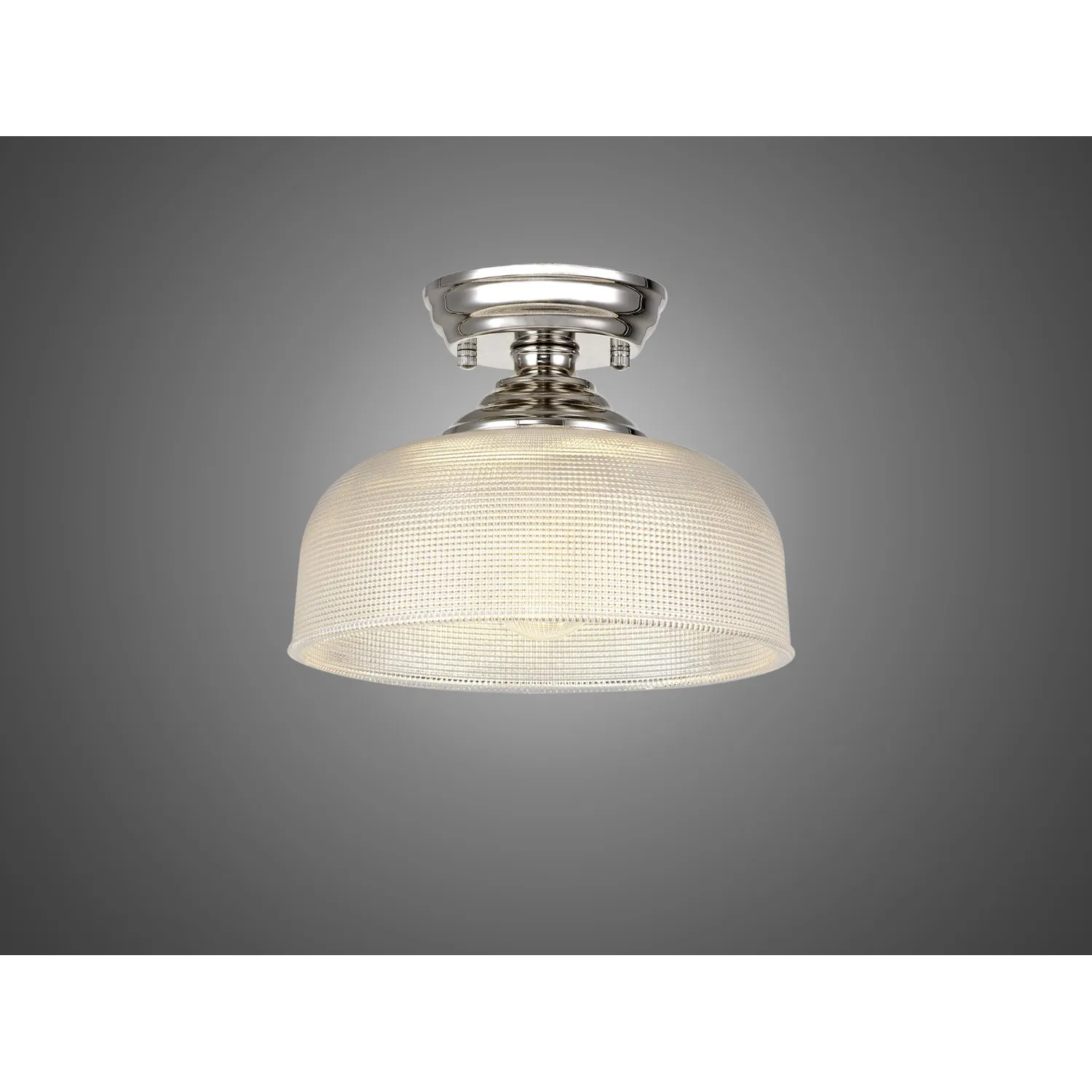 Billericay 1 Light Flush Ceiling E27 With Round 26.5cm Prismatic Effect Glass Shade Polished Nickel Clear