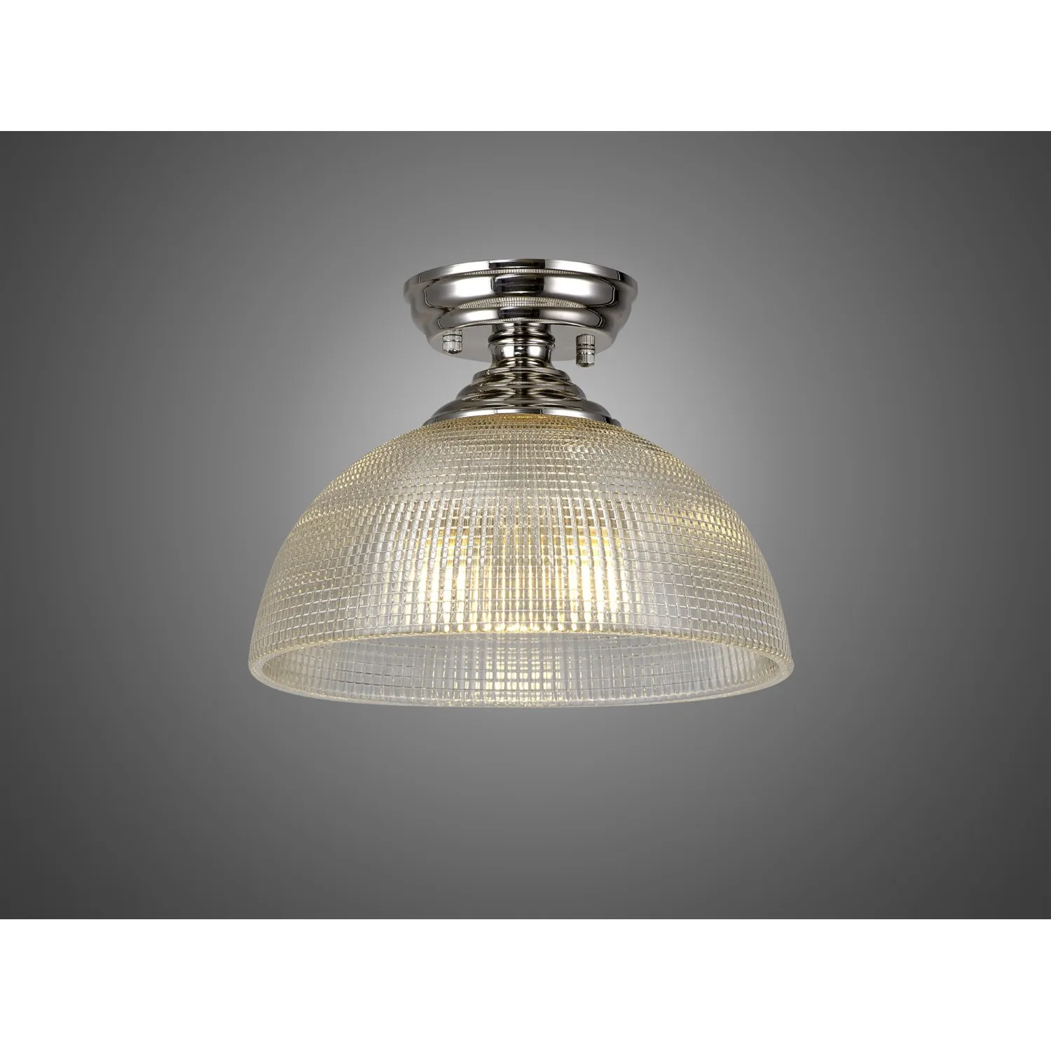 Billericay 1 Light Flush Ceiling E27 With Round 30cm Prismatic Effect Glass Shade Polished Nickel Clear