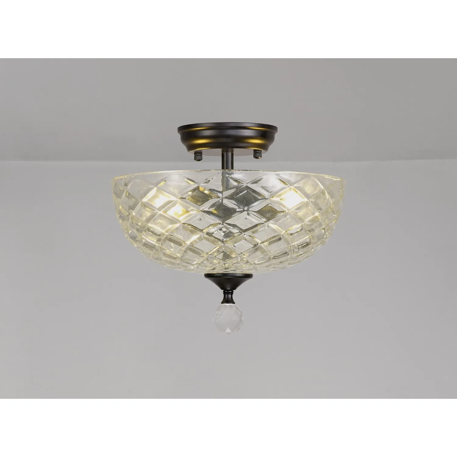 Billericay 2 Light Semi Flush Ceiling E27 With Flat Round 30cm Patterned Glass Shade Matt Black Clear