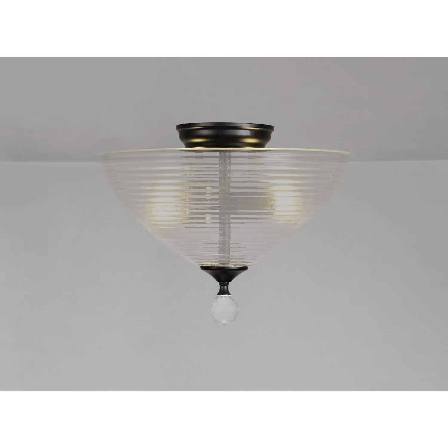 Billericay 2 Light Semi Flush Ceiling E27 With Round 33.5cm Prismatic Effect Glass Shade Matt Black Clear