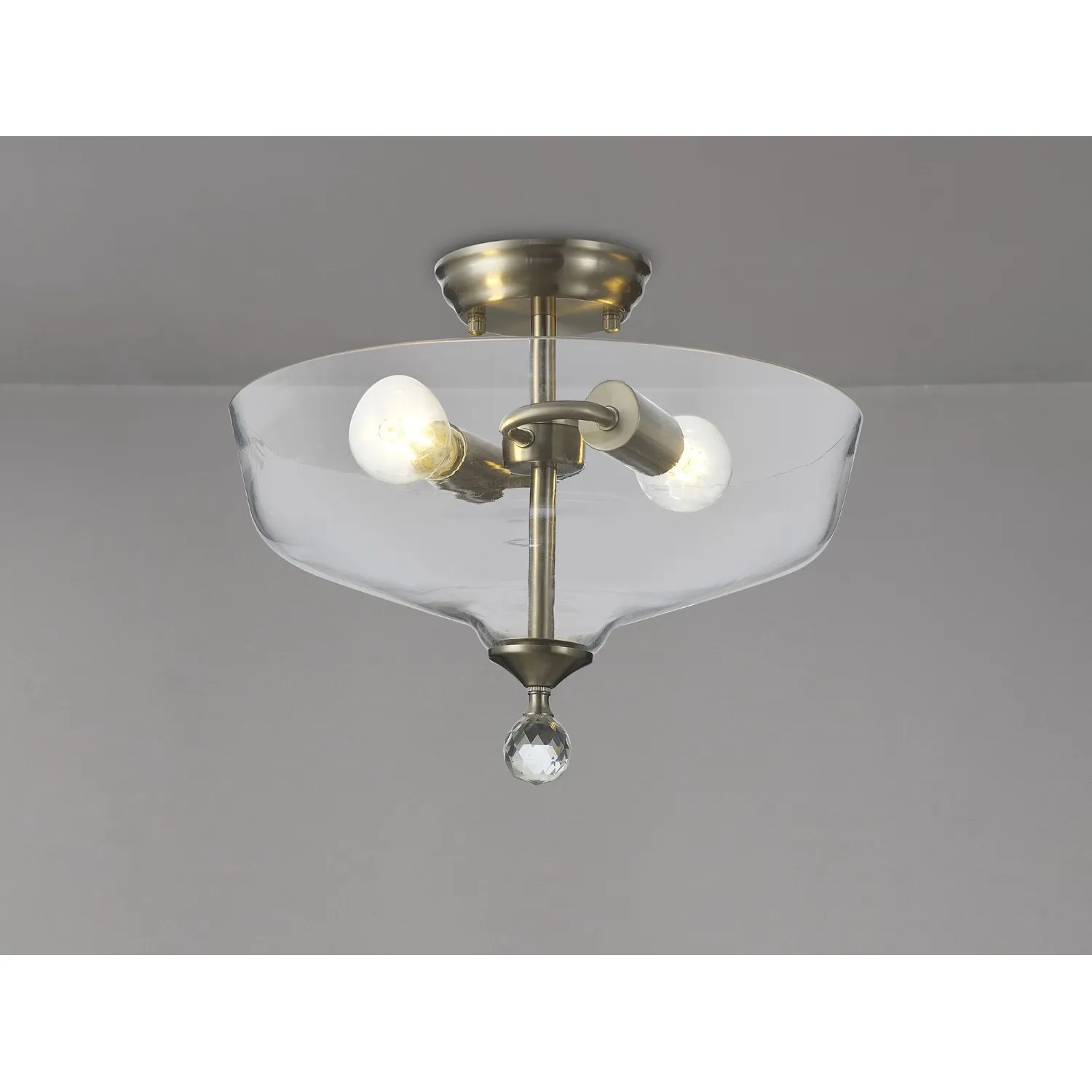 Billericay 2 Light Semi Flush Ceiling E27 With Flat Round 38cm Glass Shade Satin Nickel Clear