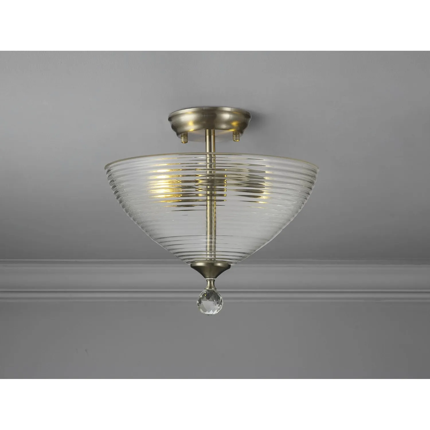 Billericay 2 Light Semi Flush Ceiling E27 With Round 33.5cm Prismatic Effect Glass Shade Satin Nickel Clear