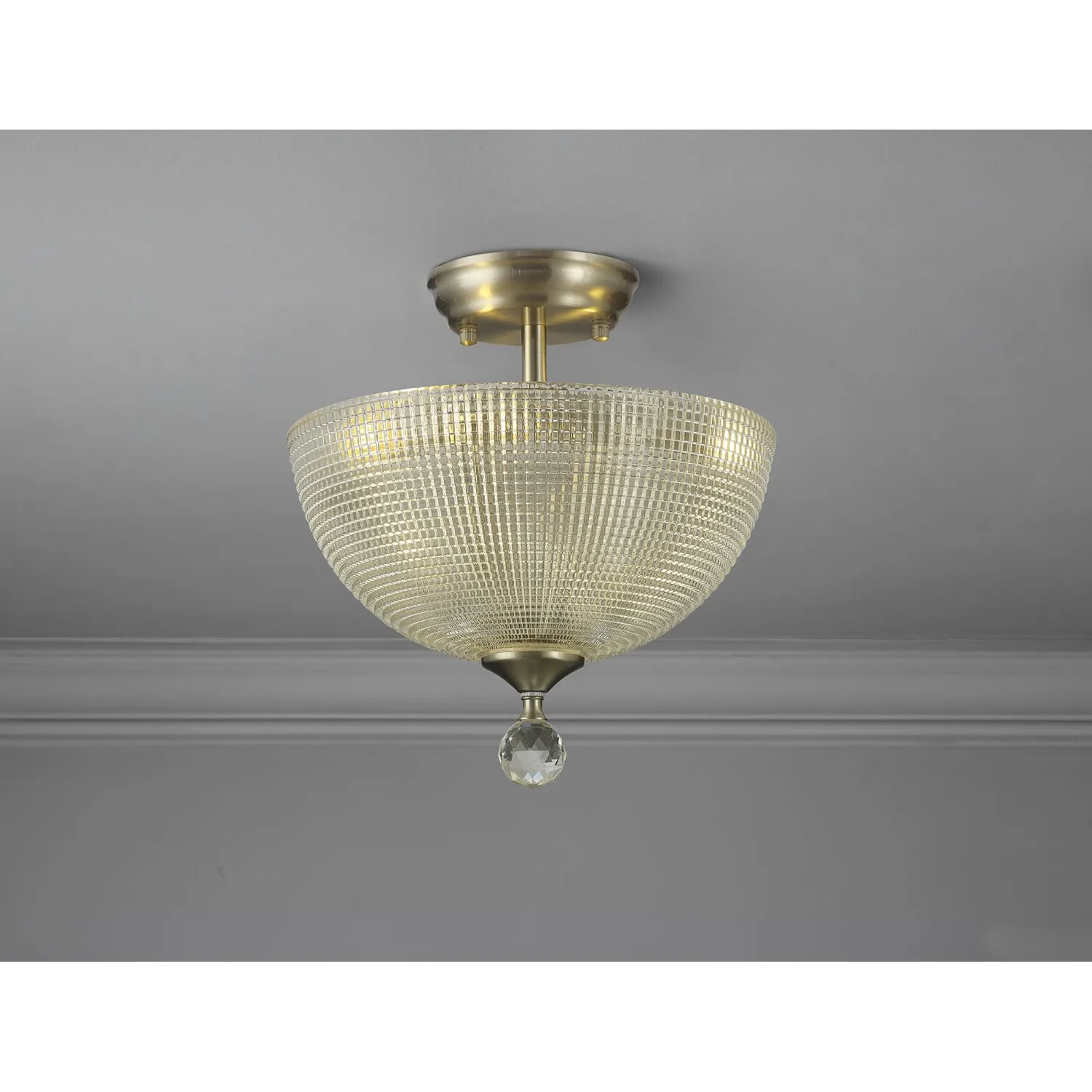 Billericay 2 Light Semi Flush Ceiling E27 With Round 30cm Prismatic Effect Glass Shade Satin Nickel Clear