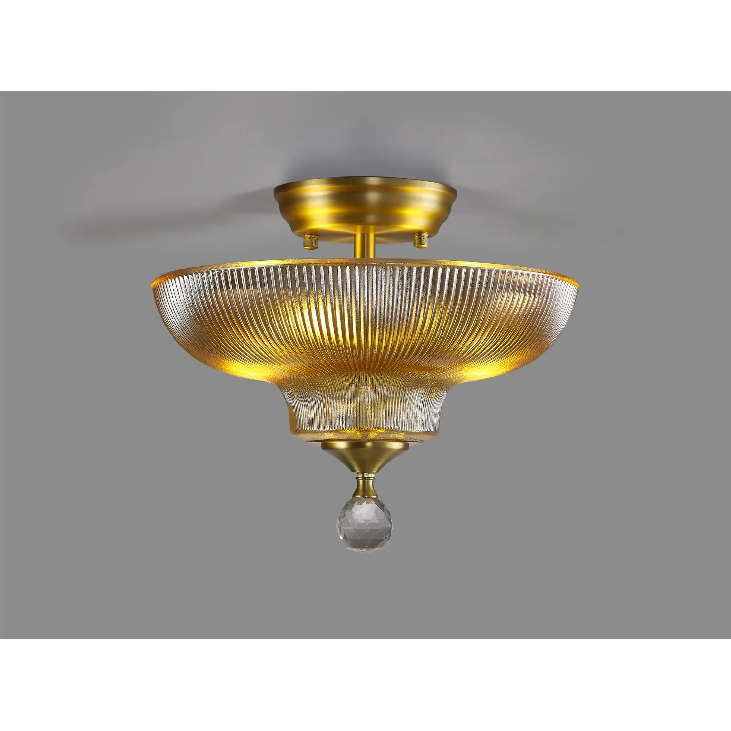Billericay 2 Light Semi Flush Ceiling E27 With Round 30cm Glass Shade Satin Gold Amber