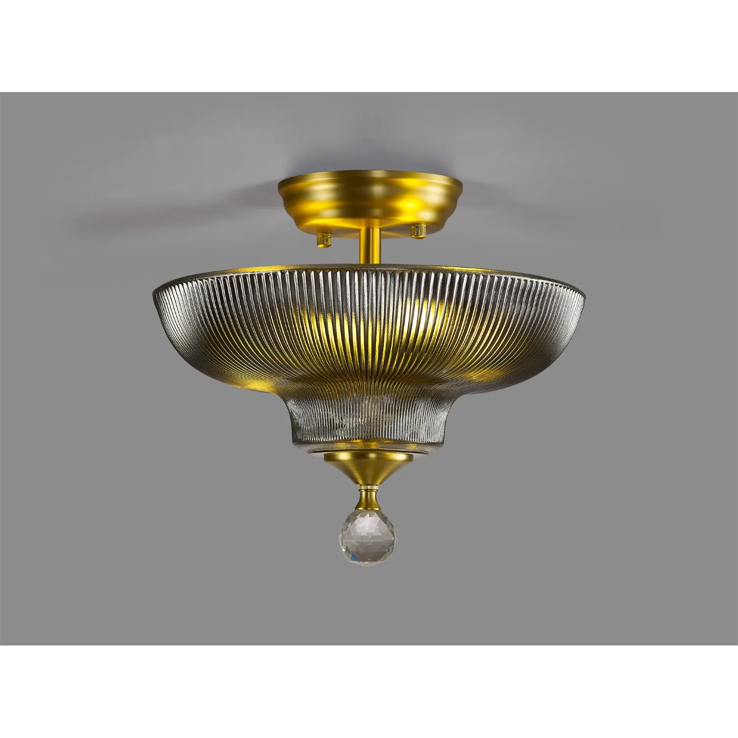 Billericay 2 Light Semi Flush Ceiling E27 With Round 30cm Glass Shade Satin Gold Smoked