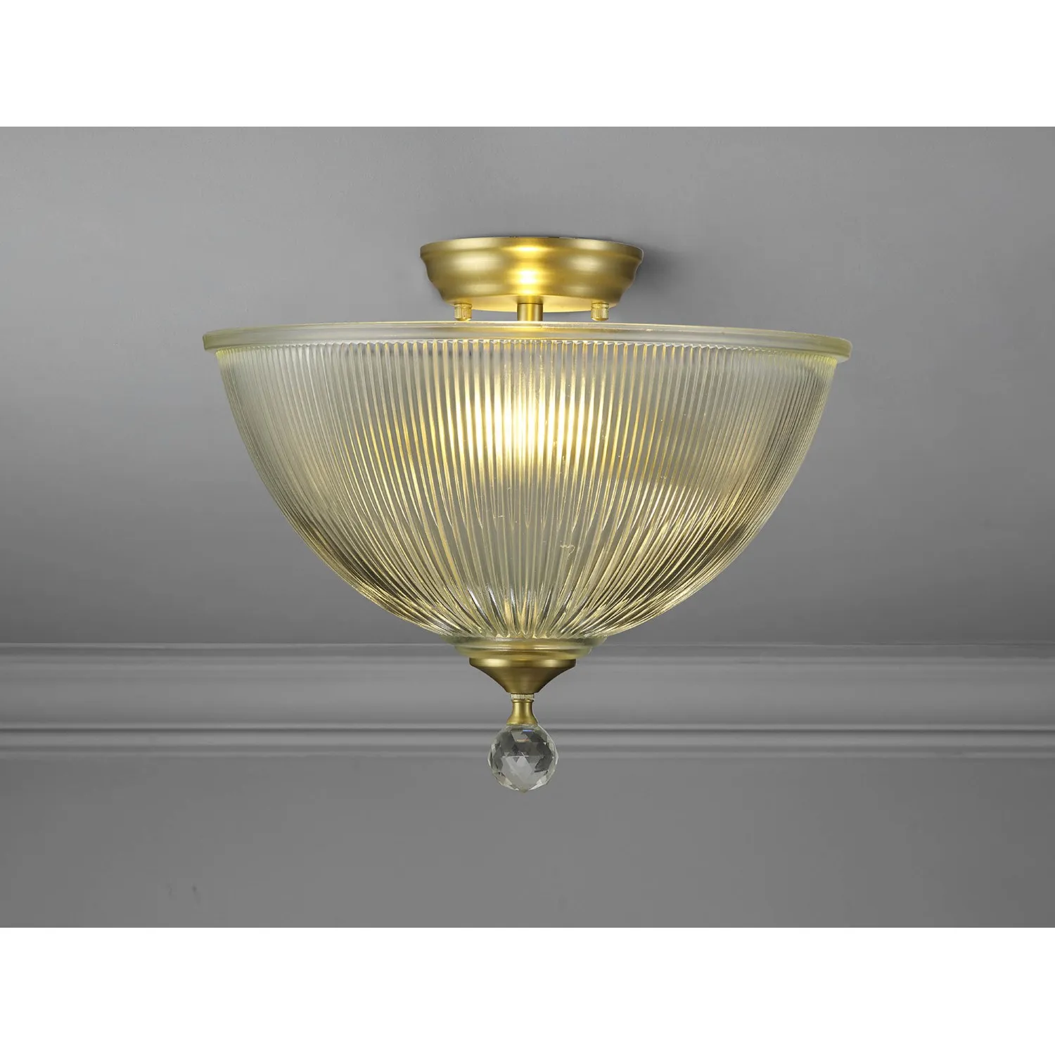 Billericay 2 Light Semi Flush Ceiling E27 With Dome 38cm Glass Shade Satin Gold Clear