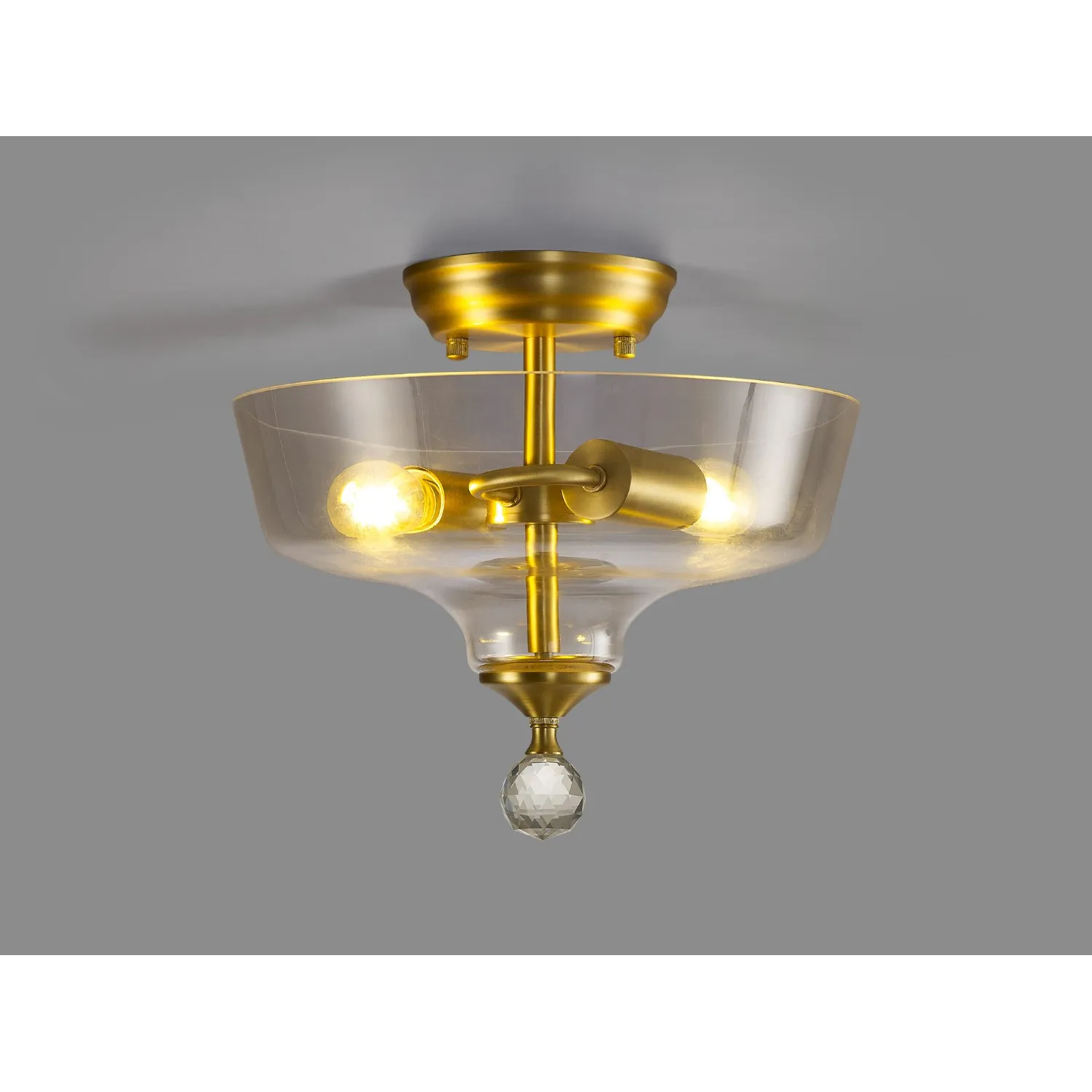 Billericay 2 Light Semi Flush Ceiling E27 With Flat Round 30cm Glass Shade Satin Gold Clear