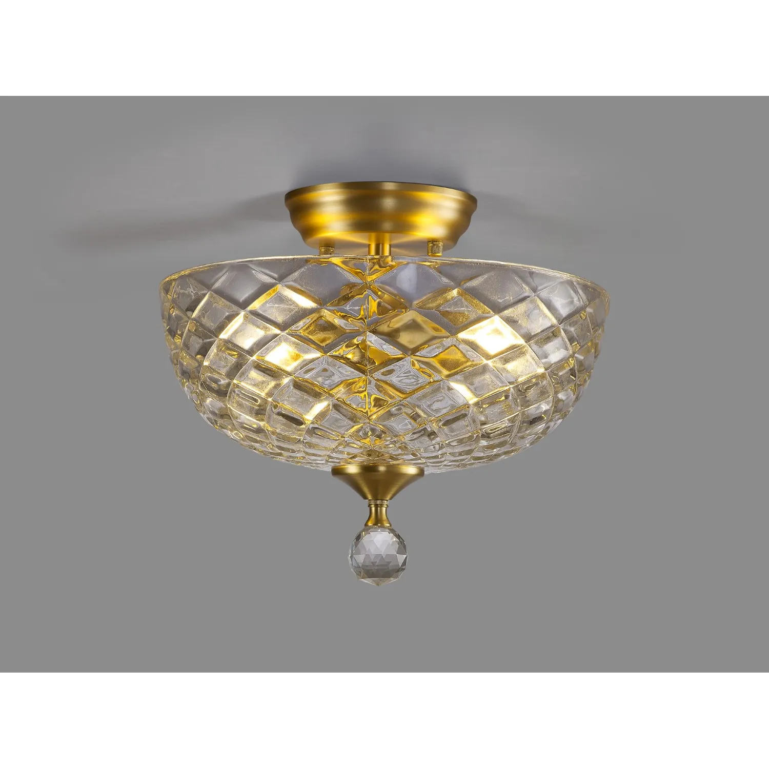 Billericay 2 Light Semi Flush Ceiling E27 With Flat Round 30cm Patterned Glass Shade Satin Gold Clear
