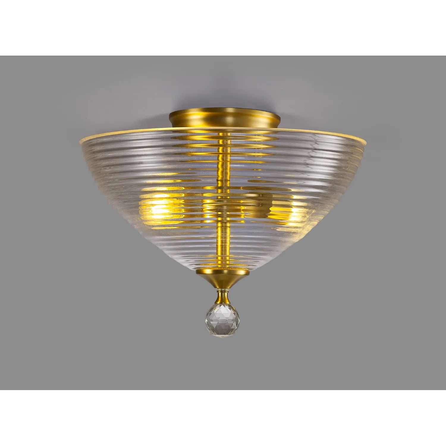 Billericay 2 Light Semi Flush Ceiling E27 With Round 33.5cm Prismatic Effect Glass Shade Satin Gold Clear