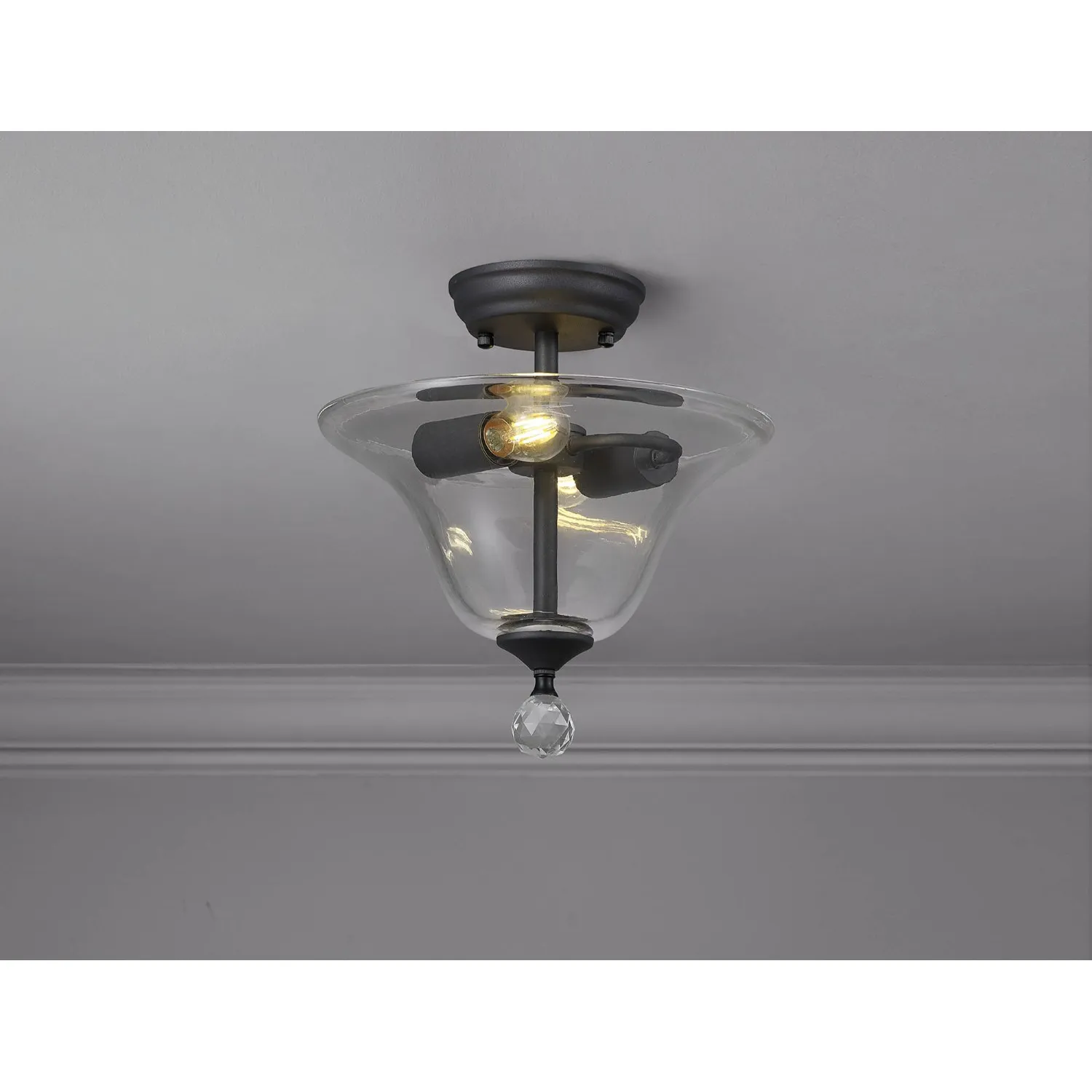 Billericay 2 Light Semi Flush Ceiling E27 With Smooth Bell 30cm Glass Shade Graphite Clear