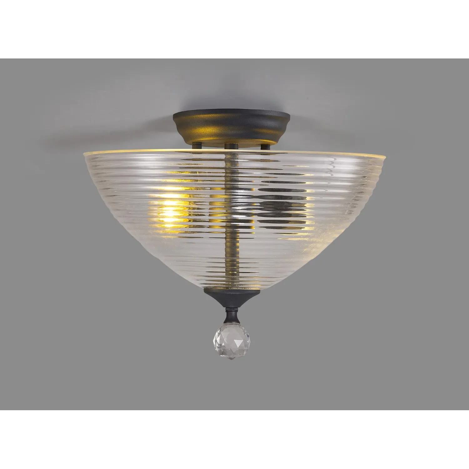 Billericay 2 Light Semi Flush Ceiling E27 With Round 33.5cm Prismatic Effect Glass Shade Graphite Clear