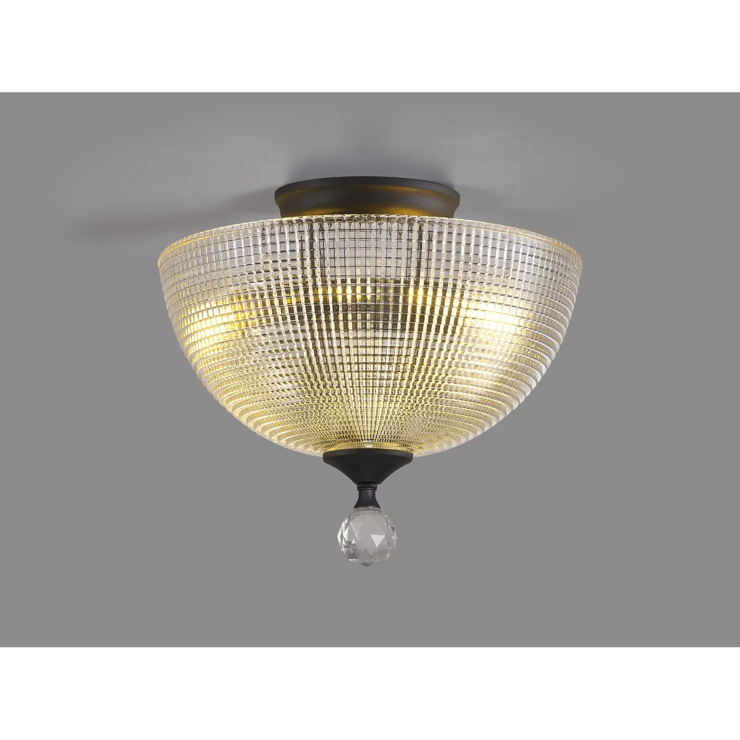 Billericay 2 Light Semi Flush Ceiling E27 With Round 30cm Prismatic Effect Glass Shade Graphite Clear