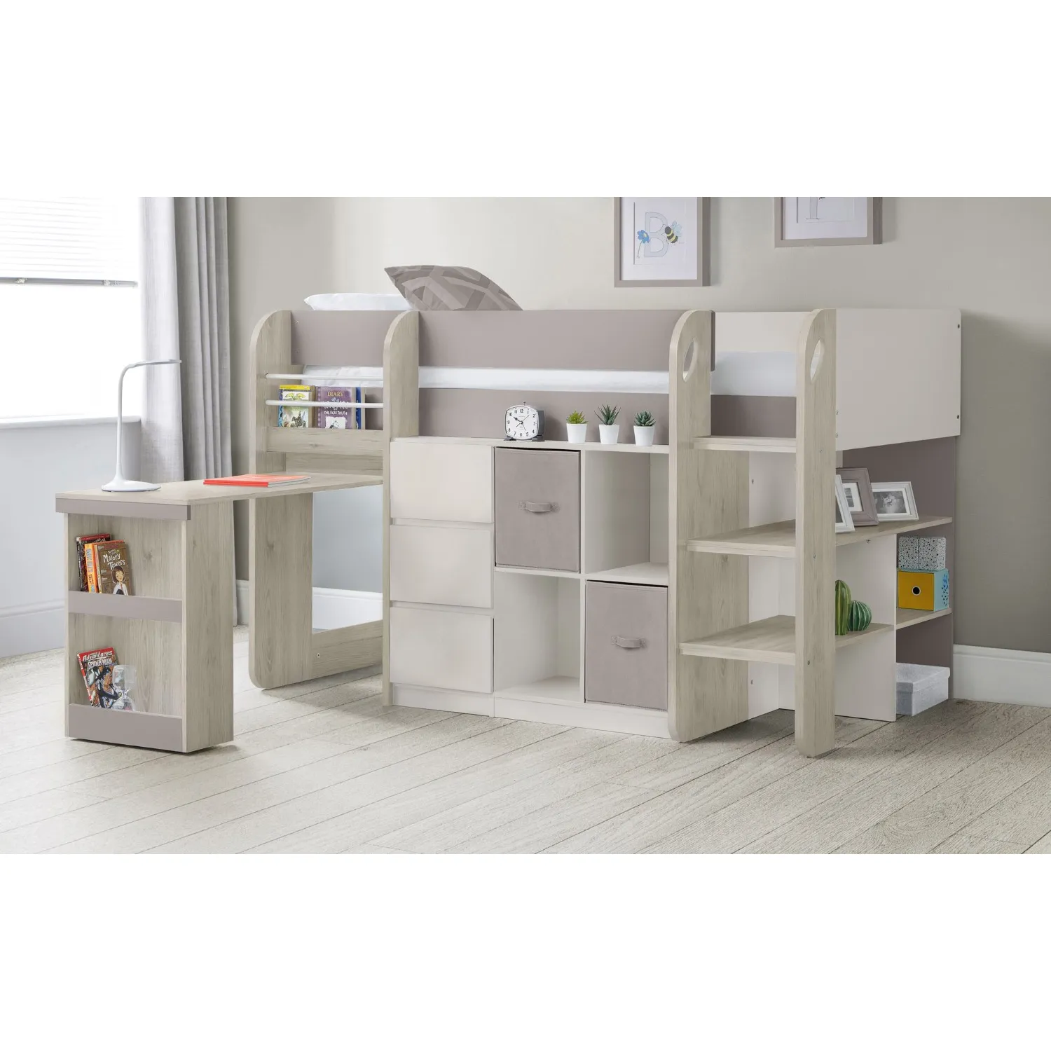 White and Taupe Effect Wooden Kids Mid Sleeper Children