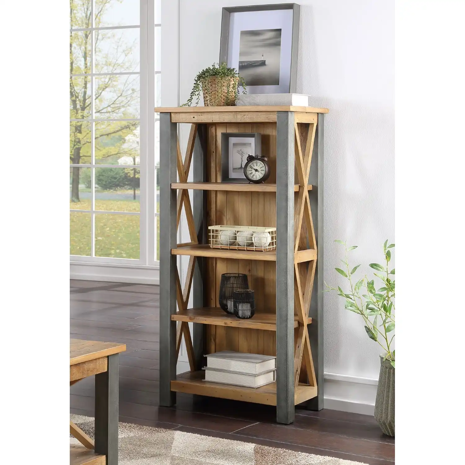Reclaimed Wood And Steel Framed 4 Shelf Small Bookcase