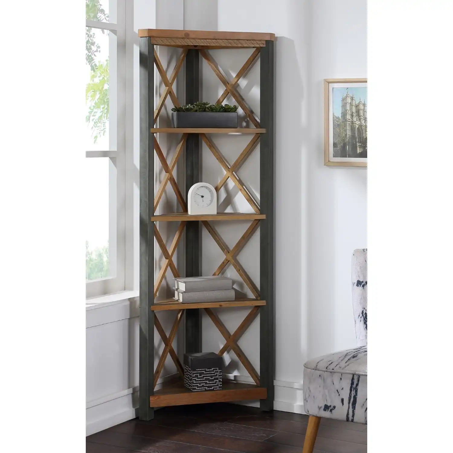 Reclaimed Wood 180cm Tall Large Narrow Corner Open Bookcase
